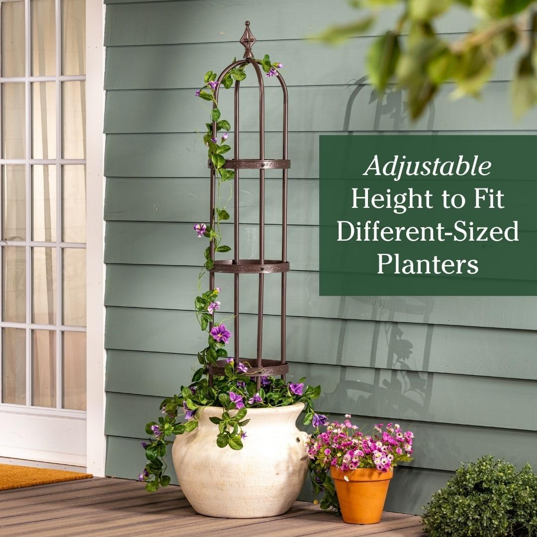 Plow & Hearth Metal Garden Obelisk | Indoor/Outdoor | Powder-Coated Steel | Trellis for Climbing | Floral Pattern | 11" Dia. x 5'H | Bronze