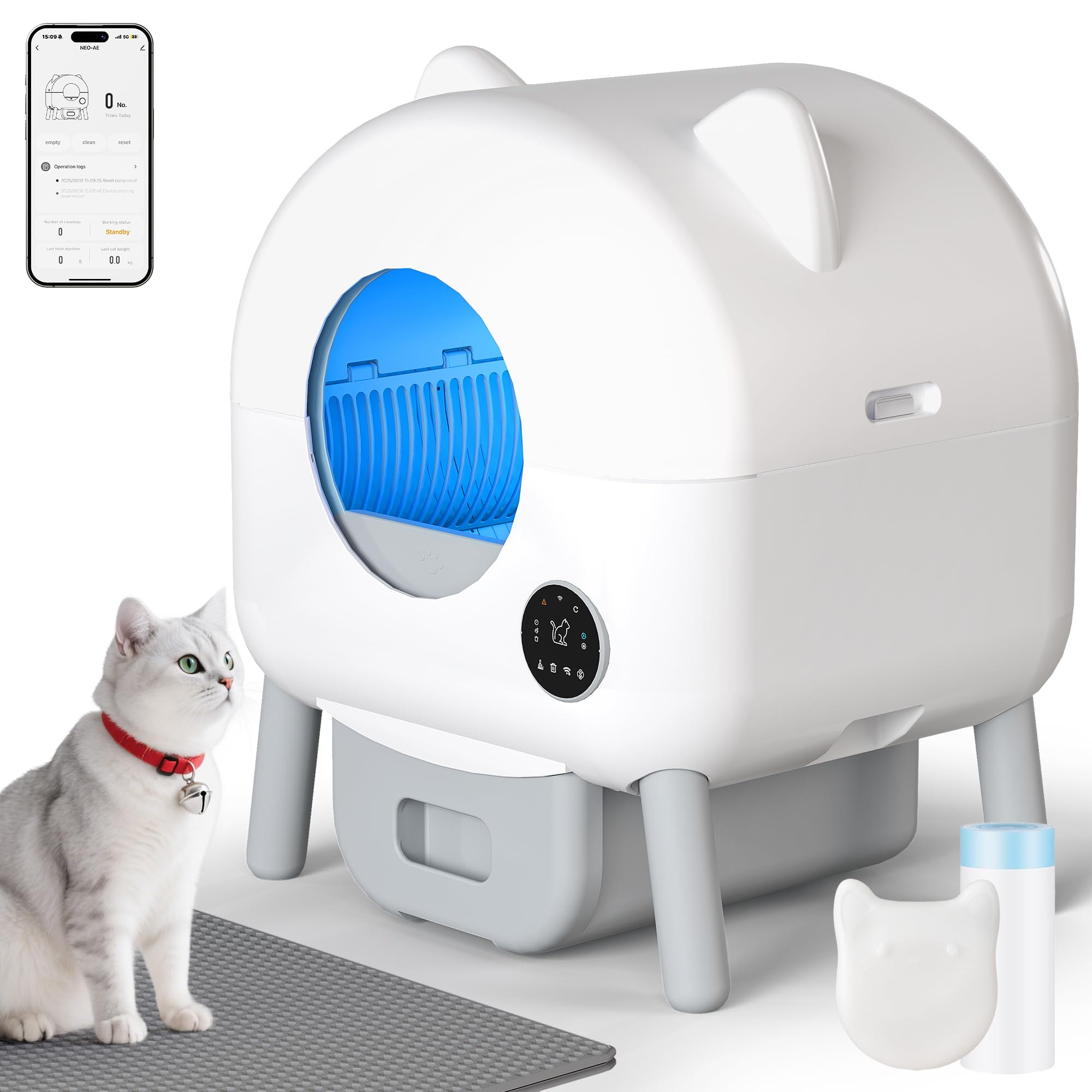 Jummico Litière pour Chat Autonettoyante, 95L+15L Litière Automatique pour Chat, avec Éclairage Intérieur Contrôlable, Désodorisation, Contrôle par APP, Surveillance Santé par IA
