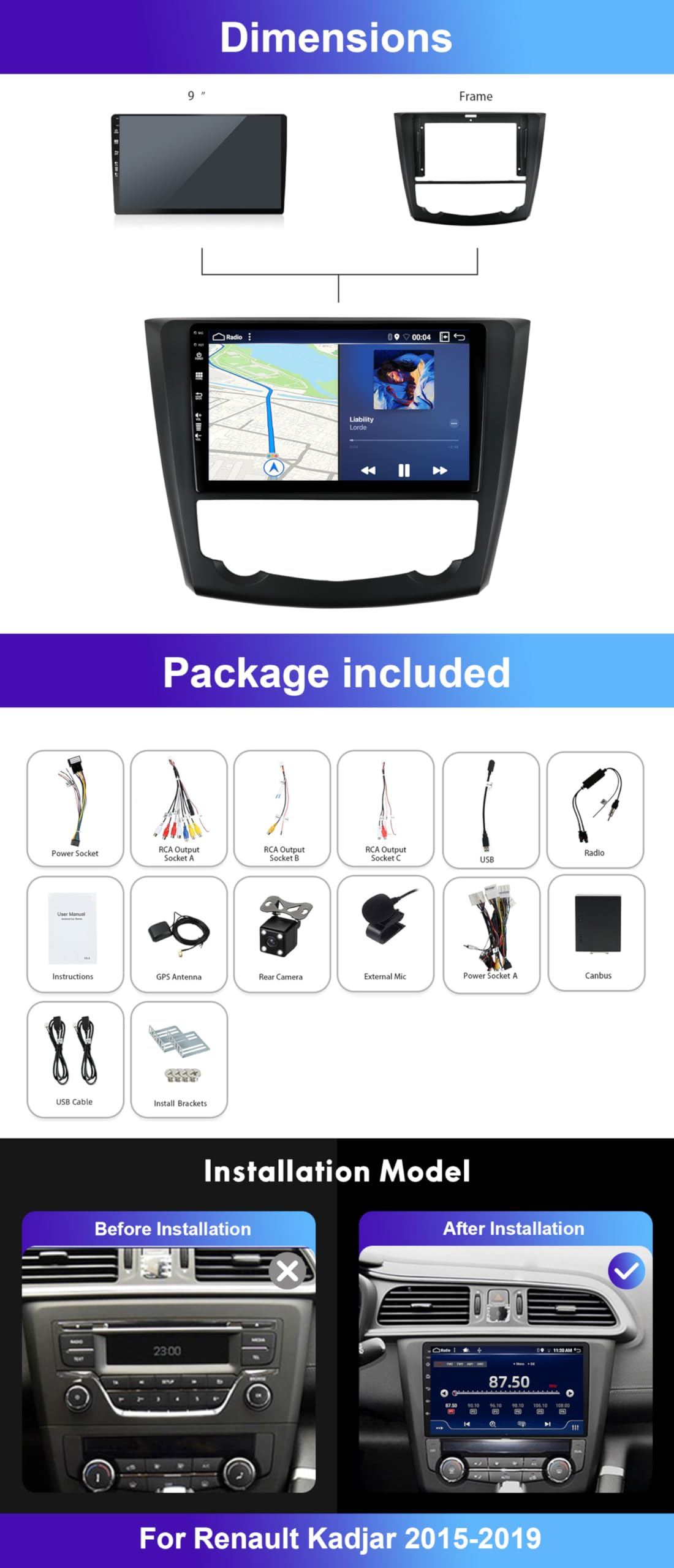 [6GB+128GB] Autoradio 9 Pouces Android 15 pour Renault Kadjar 2015-2019 - Gratuite Caméra+MIC - Soutien GPS/Dab+/Commande au volant/WiFi/BT/Carplay/4G/360 Caméra