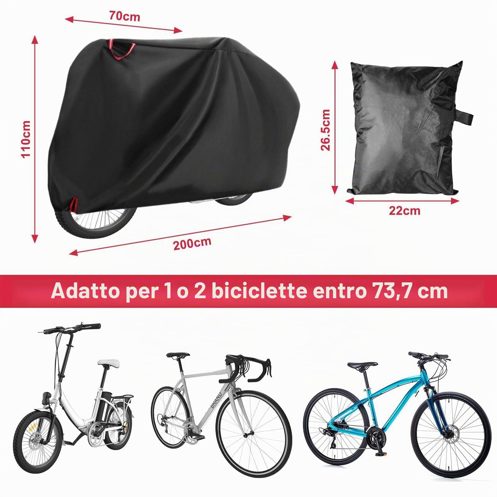 Copri Bicicletta da Esterno Impermeabile 210D Oxford 200 x 110 x 70 cm con Fori per Lucchetto