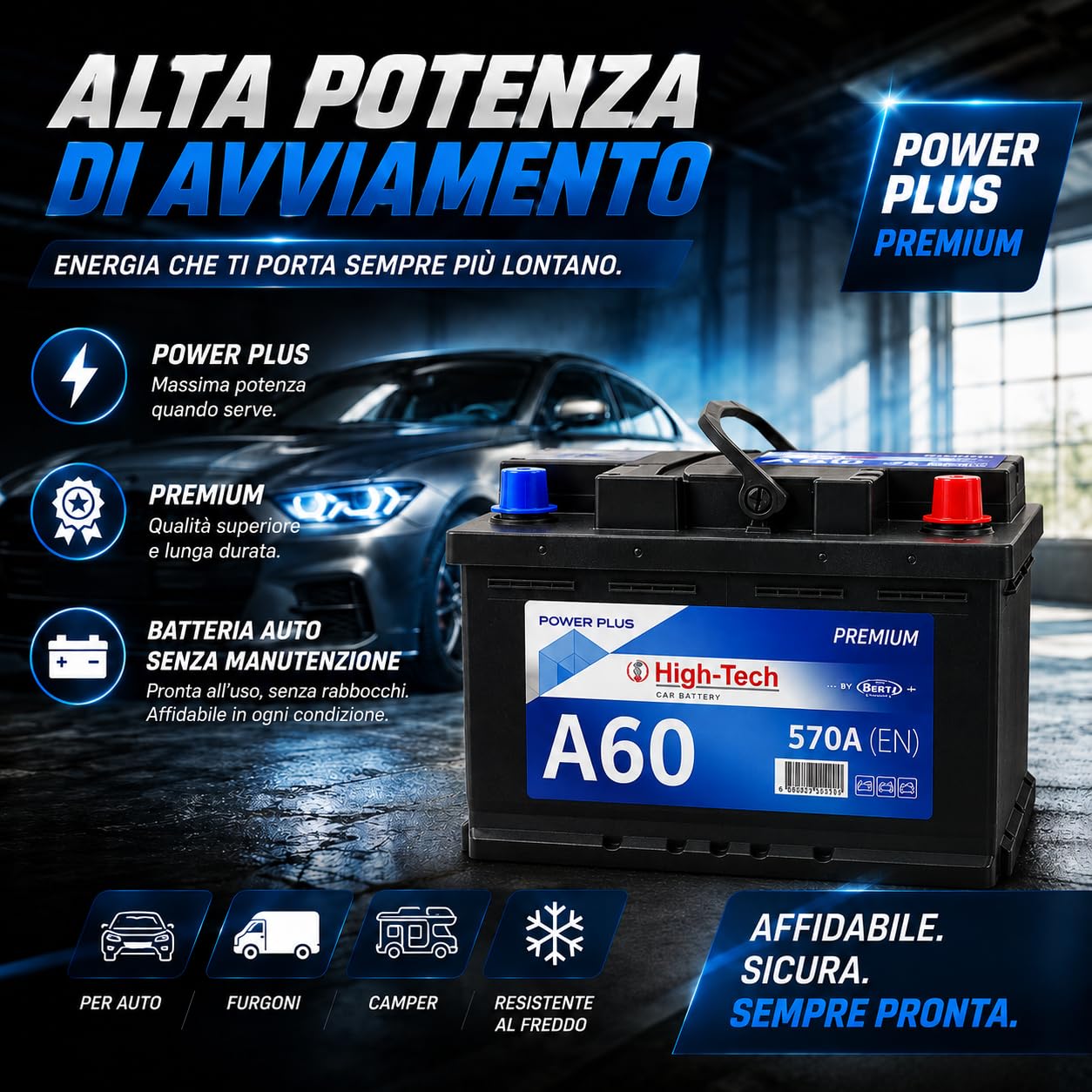 HIGH-TECH Batteria Auto Power Plus, 60 AH/570 EN Made in Italy