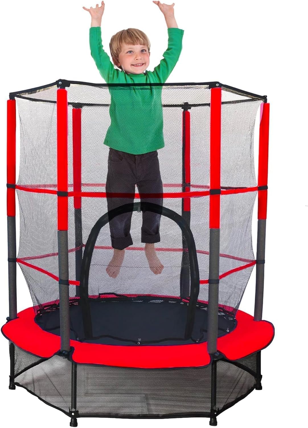 55'' Kids Trampoline Free-Noise Large Trampoline for Kids Fitness Bouncer with Safety Enclosure Net and Pad Bulit-in Zipper Frame Cover Heavy Duty Steel Jumping Training Indoor Outdoor Activities,Red