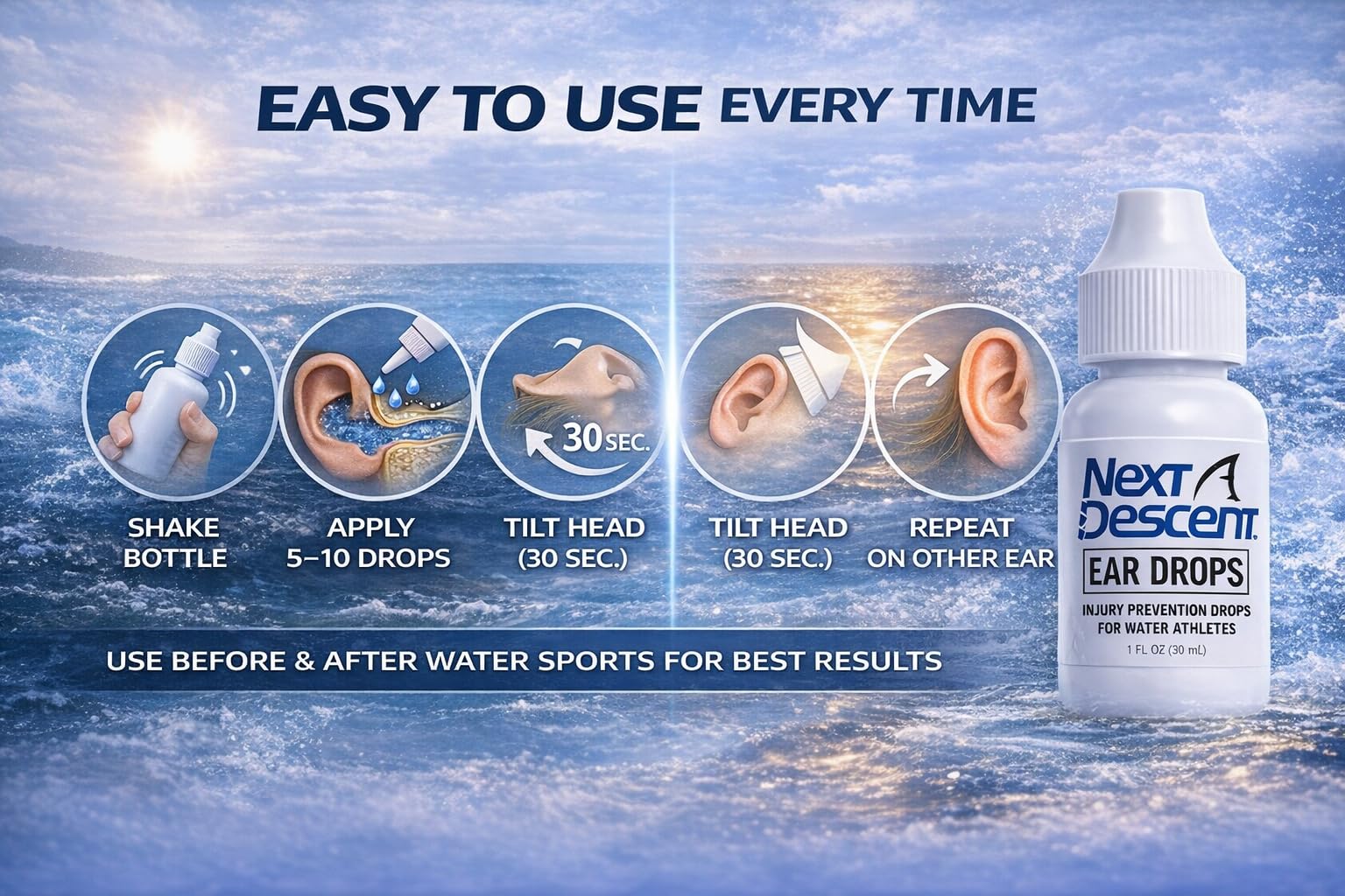 Swimmers Ear Drops for Pool & Ocean Swimming | Next Descent Prevention Drops for Waters Sports, Swimming, Diving and Snorkeling — Amazon image 4