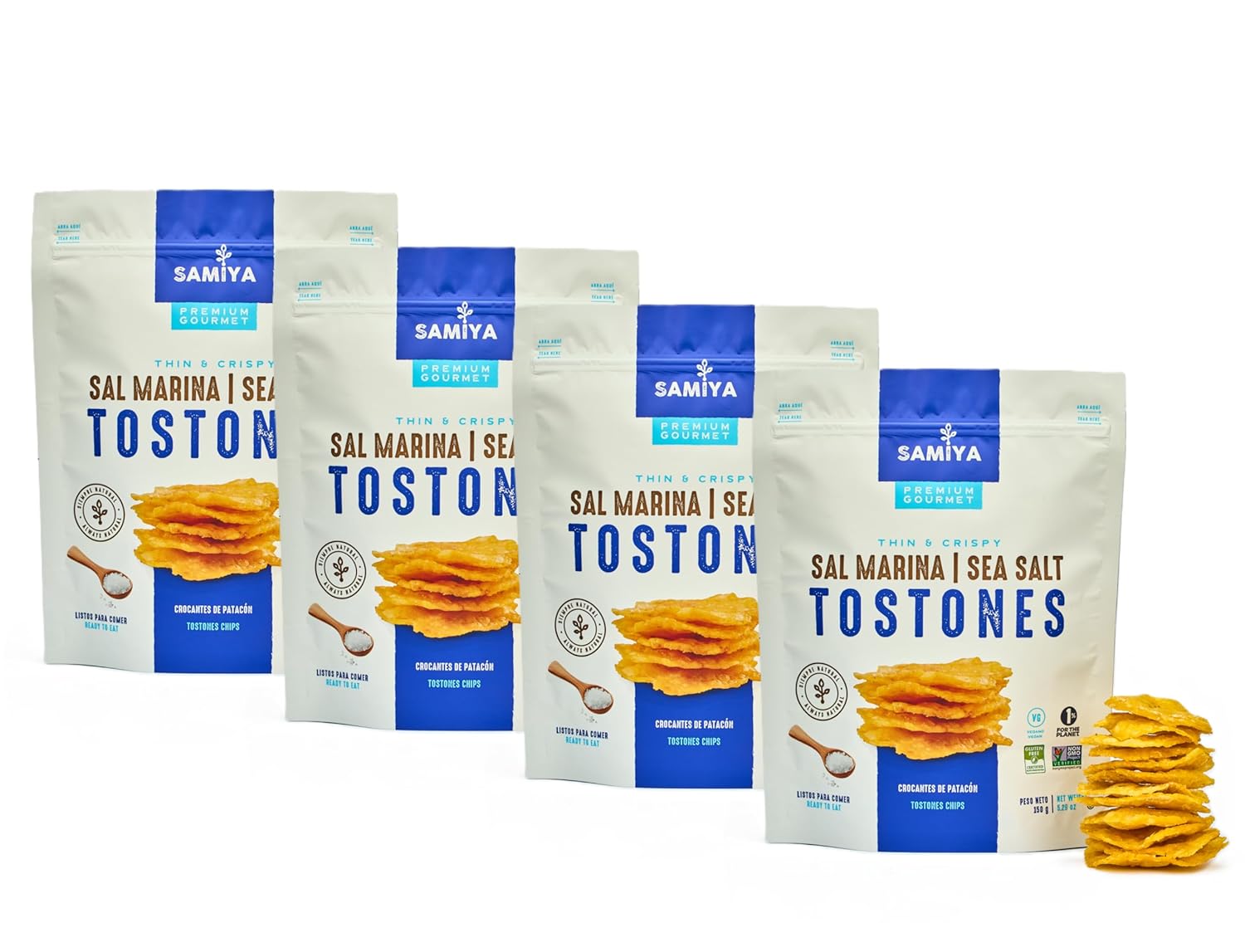 Samiya Plantain Chips | Sea Salt | Crunchy Tostones Snack | All-Natural, Gluten-Free NON-GMO Kosher OU | Vegan & Soy-Free | Thin Crispy Plantain Chips | No Artificial Ingredients | 5.3 Ounce | 4 Pack