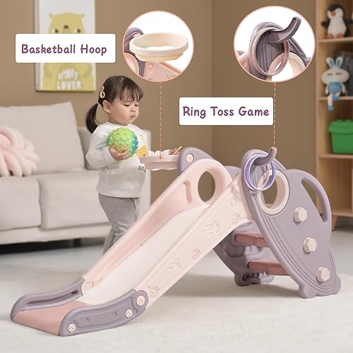 Miniatura 11 de Onasti Tobogán infantil para niños pequeños de 1 a 3 años de edad, tobogán de plástico para interiores y exteriores, juego independiente con aro