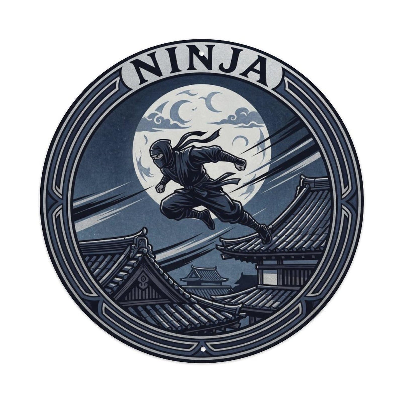 Olyhtr 8X8inch Classic Style Ninja Rooftop Night Run Woodblock Indigo Black Metal Tin Sign