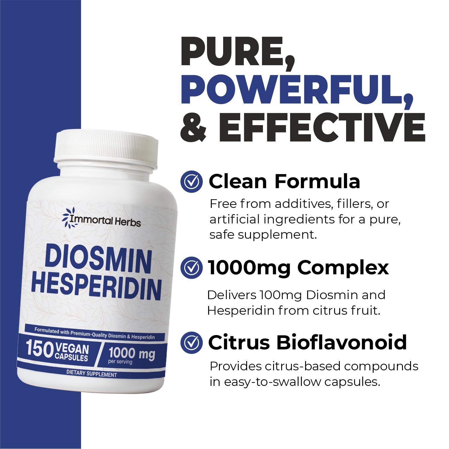 Immortal Herbs Diosmin Hesperidin 1000mg Complex, 150 Capsules, Citrus Bioflavonoids Rich Fruit Extract, 100% Vegetarian, Non-GMO & Gluten Free Diosmin Supplement with Max Strength 1