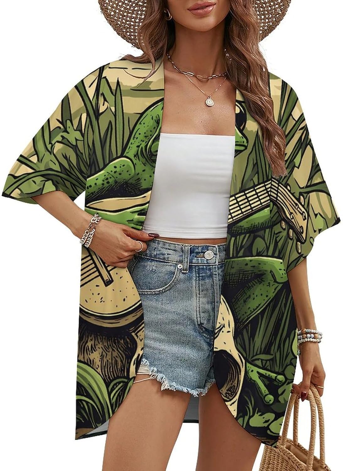 Frog Playing Banjo on Skull Women's Open Front Cardigan Short Sleeves Jacket Lightweight Sweaters Tops
