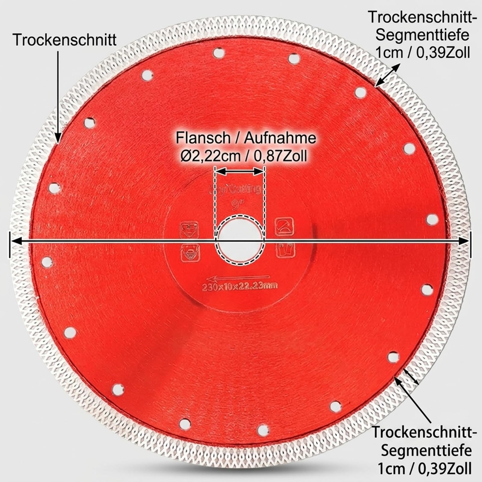 Disco de diamante de 230 mm, disco de corte profesional con brida, diseño de red turbo para amoladora angular, adecuado para gres porcelánico, granito, mármol, azulejos duros, cerámica, hormigón