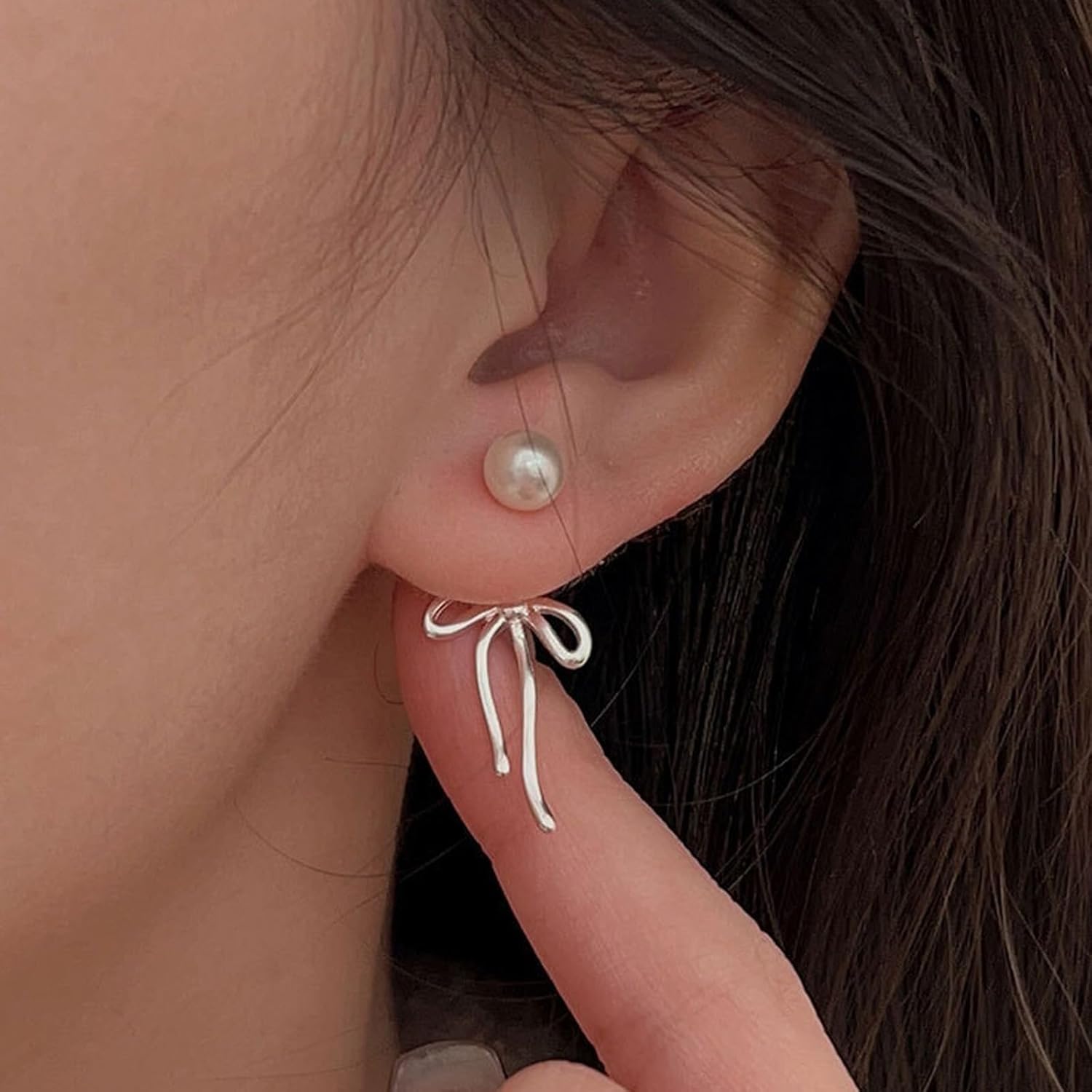 Bow Earrings for Women Pearl Bow Earrings Tassel Dangle Rhinestone Earrings Jewelry Gifts (B) - Image 2