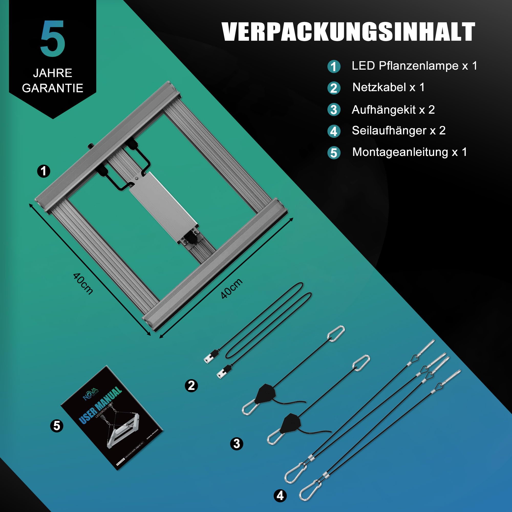 NovaGrove Lampa do roślin LED pełne spektrum IR, 150 W, lampa do uprawy roślin, 60 x 60 cm, z możliwością ściemniania i łańcuchem stokrotki, PR15