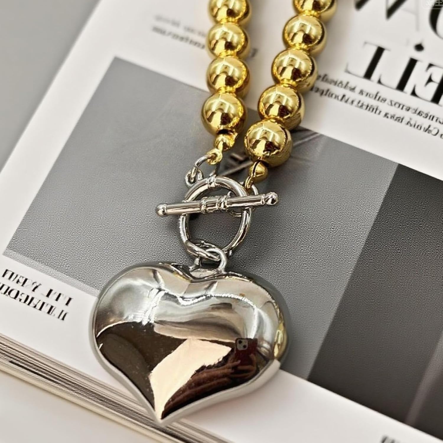 Chunky Gold Necklace for Women Beaded Chain Paperclip Heart Pendant Necklace Statement Fashion Outfits Accessories Jewelry Gift - Image 7