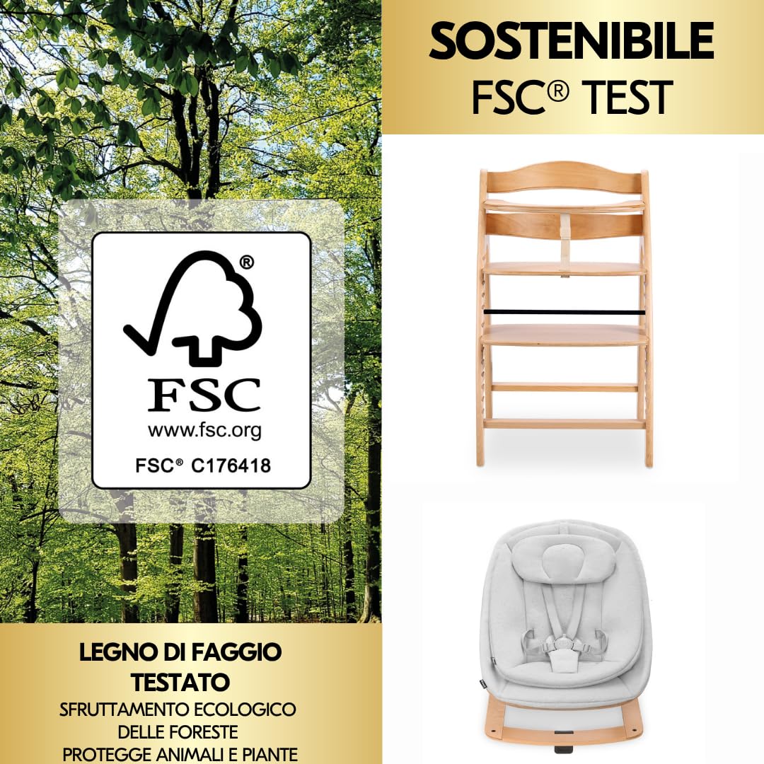 hauck Seggiolone Pappa Arketa Newborn Set Eco Bouncer – Seggiolone Evolutivo Legno Regolabile per Crescere insieme fin dalla Nascita, incluso Sdraietta Neonati e Cuscino (Faggio)