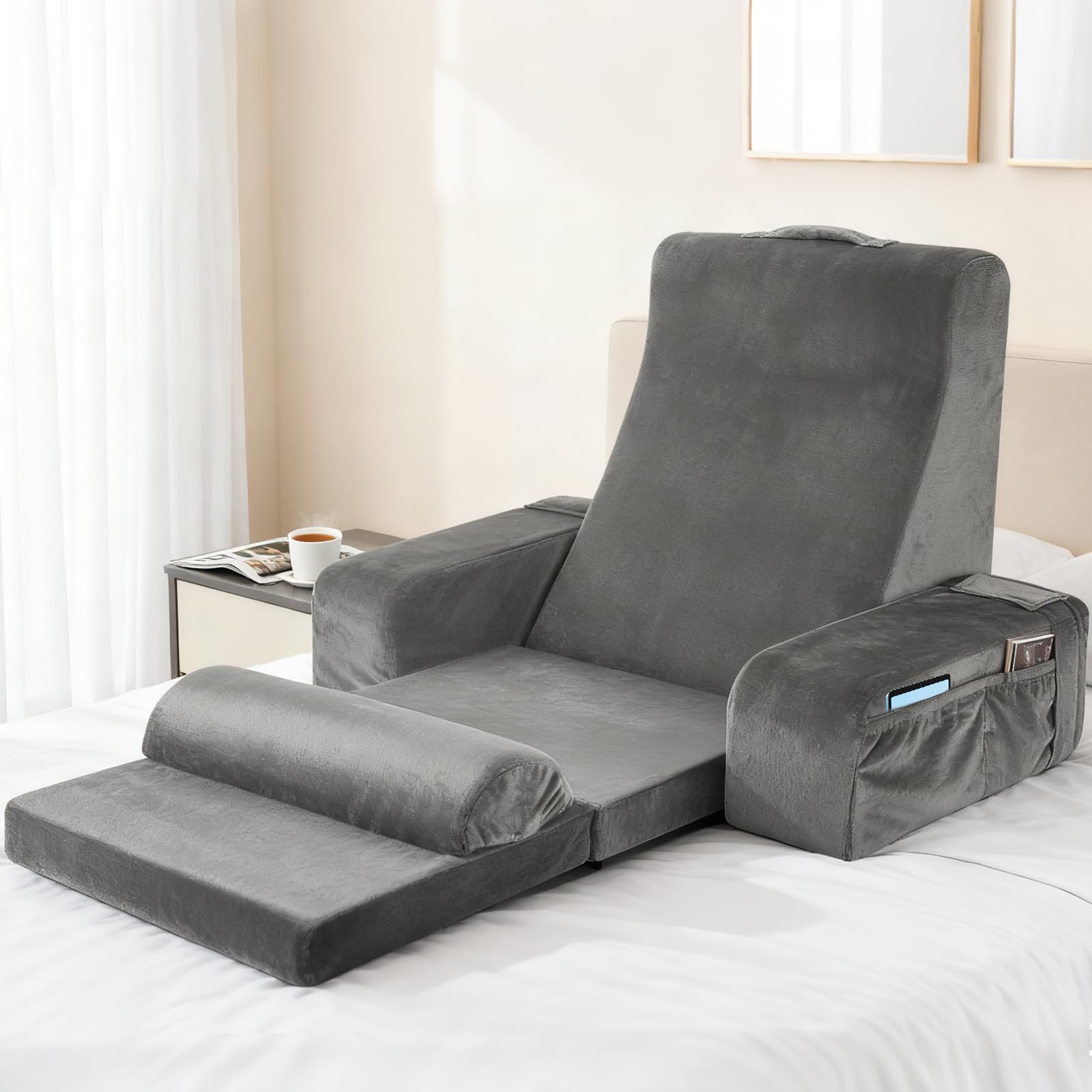 Grand Coussin de Lecture avec Appui-Tête Détachable et Accoudoir, Coussin en Forme d'Os pour Adultes avec Housse Lavable à Longs Poils, Coussin Ergonomique pour le Dos, Coussin de Lecture