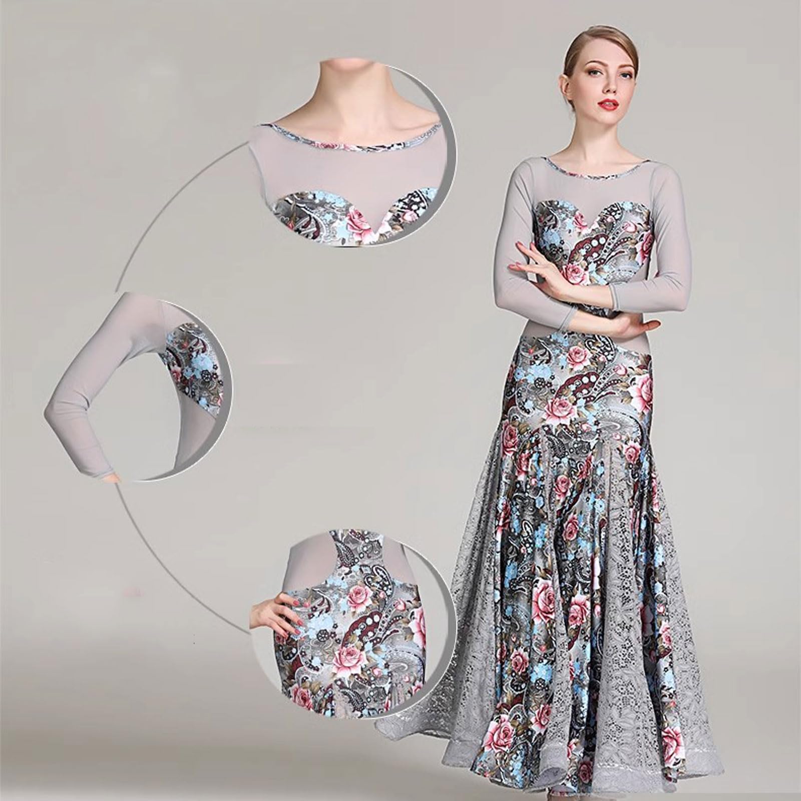 Strój Konkursowy do Tańca Towarzyskiego Strój do Tańca Tango Walc d Długim Rękawem Nadrukiem Elegancki Strój do Tańca Foxtrot Strój do Tańca Flamenco z Okrągłym Dekoltem