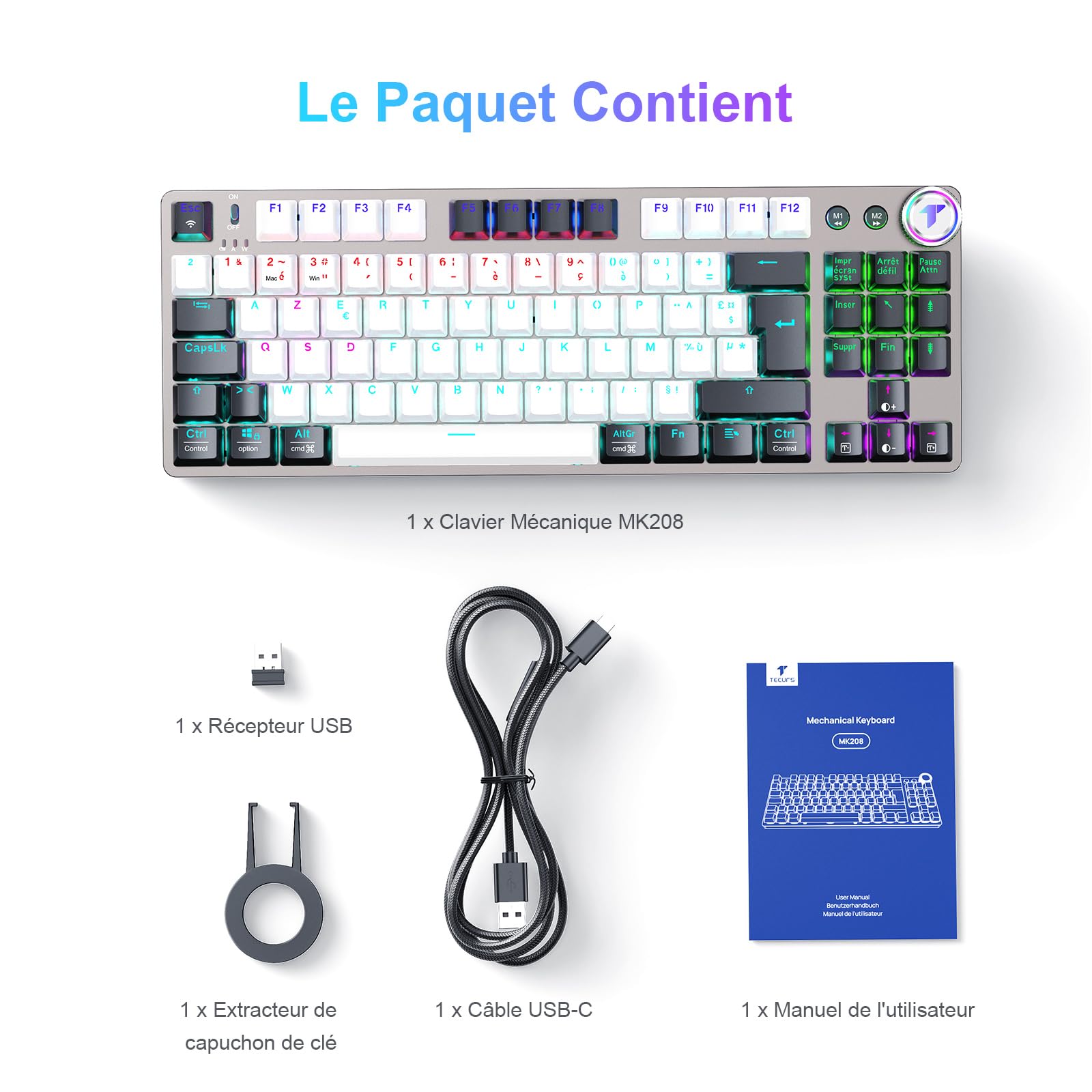 TECURS Gaming Clavier Mécanique Gamer Keyboard sans Fil (2.4G Filaire) Rétroéclairé, 80% TKL Clavier AZERTY, Axe Linéaire, Anti-Ghosting, pour Ordinateur/PC/Windows/Xbox