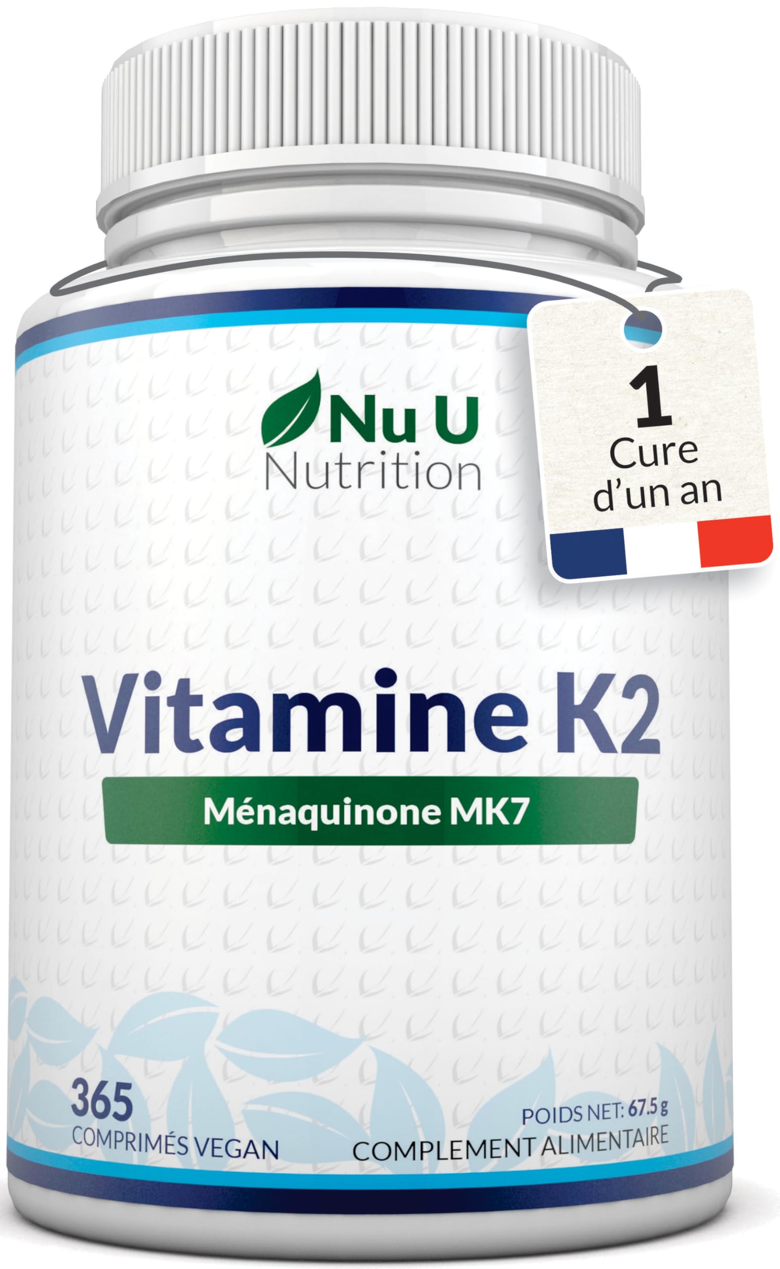 Vitamine K2 MK7 200mcg - 365 Comprimés Végétaliens - Vit K2 Ménaquinone MK7 Natto Trans-isomère - Un An d'Approvisionnement - Fabriqué en Europe - Nu U Nutrition