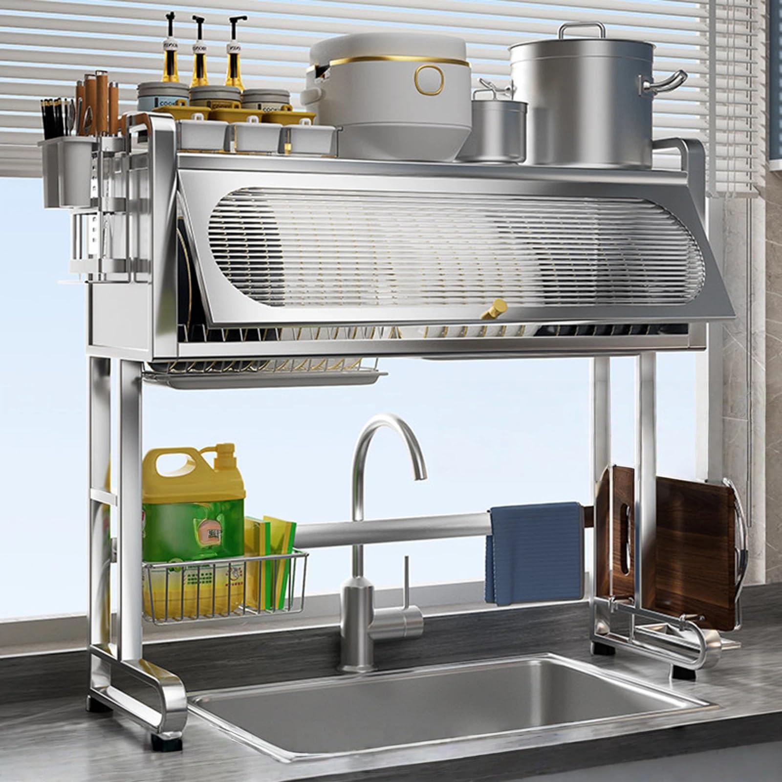Escurridor de platos en acero inoxidable macizo,Organizador multifuncional | Para fregadero con accesorios modulares y alta resistencia al peso(30"/77cm)
