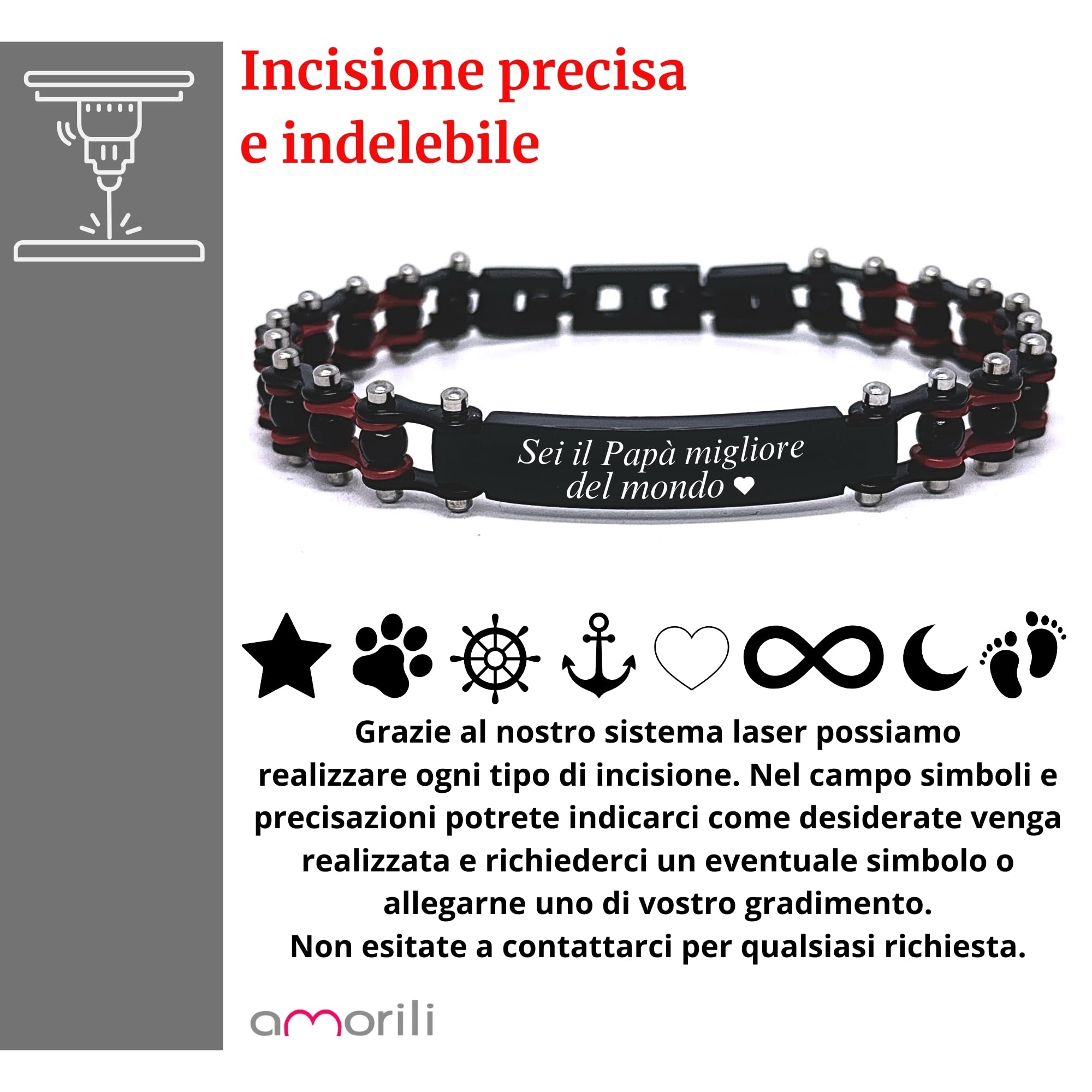 Bracciale Uomo Catena Moto in Acciaio Inox | Gioiello Biker con Colori Squadra di Calcio del Cuore | Regalo Tifosi Sportivi