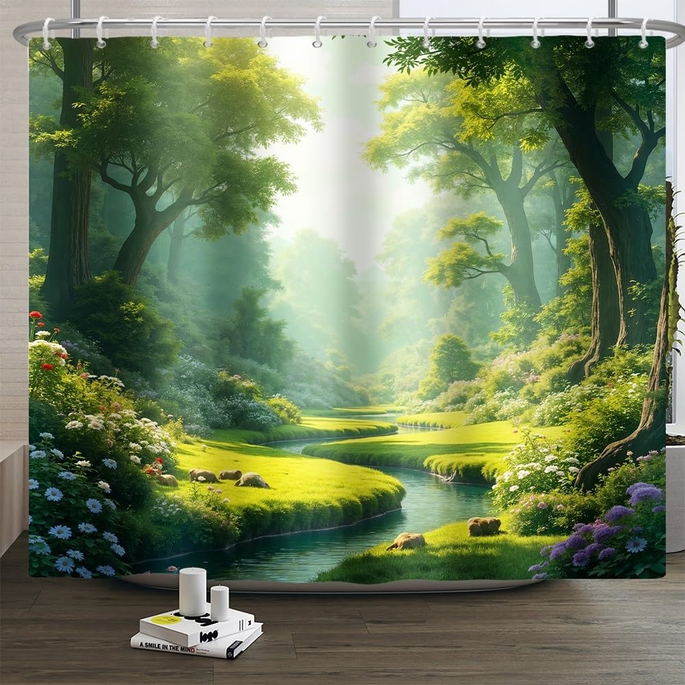 Xiaoterna Floral Plant Shower Curtain Green Spring Nature Forest Bathroom Curtain Green Tall Trees Blooming Flower River Stream Nature Shower Curtain Waterproof Fabric Bathroom Decoration 240x180cm