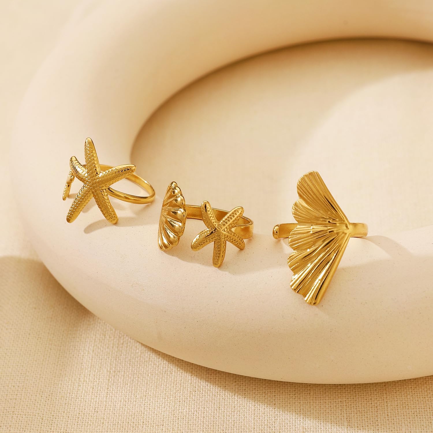6pcs Gold Summer Beach Rings Set Seashell Ring for Women Beachy Rings Stainless Steel Adjustable Surfer Sell Starfish Stacking Ring Summer Accessories Beach Jewelry for Women - Image 6