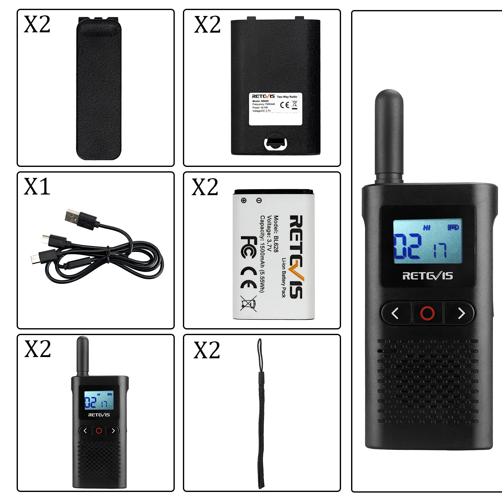 Retevis RB628 Walkie Talkie Mini, 1500mAh PMR446 Bez Licencji Walkie Talkie z Możliwością Ładowania, VOX, Professional Walkie Talkie do Sprzedaży Detalicznej (2 Sztuk, Czarny)