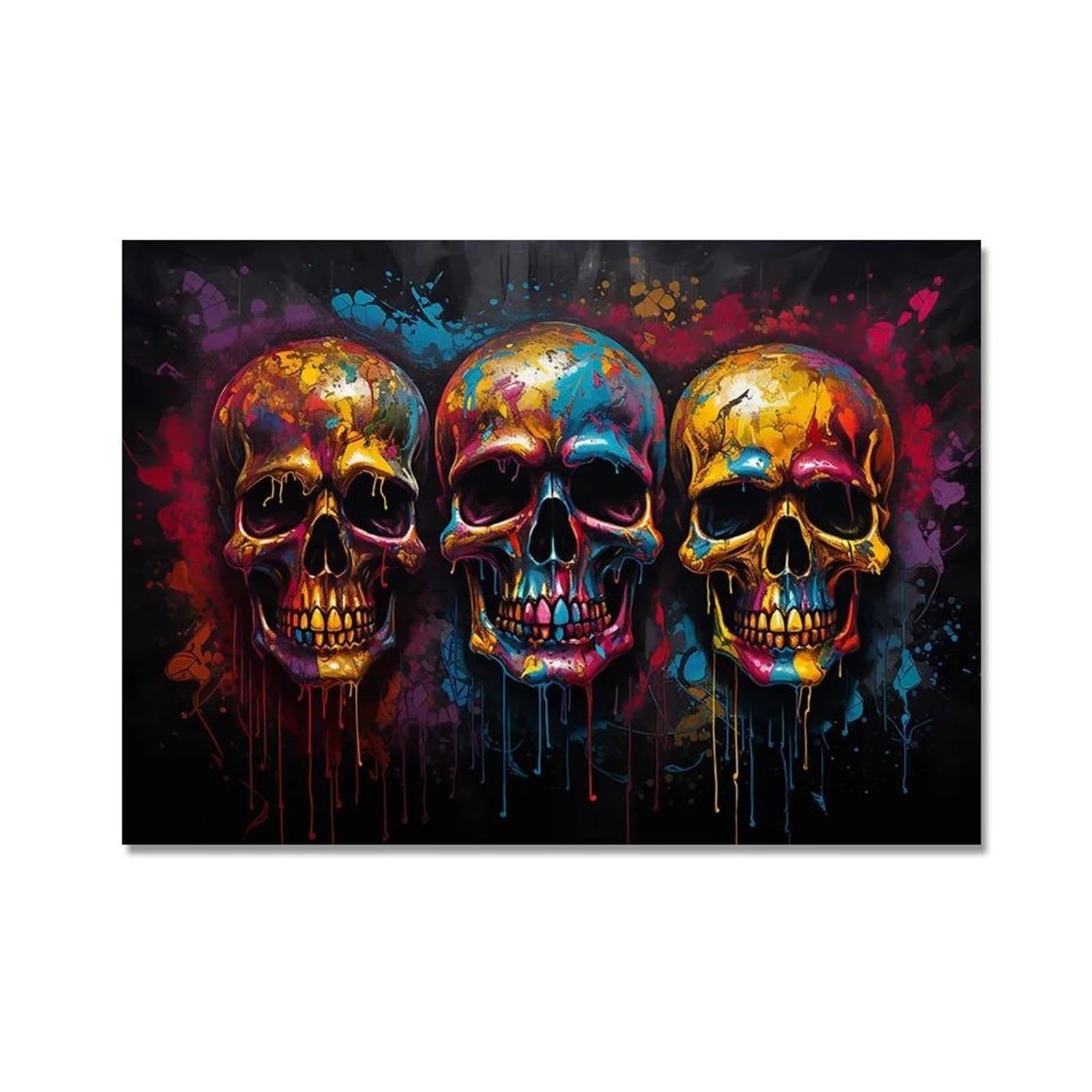 Peinture sur Toile Trois Crânes Pop Art au Design Graffiti Coloré et Finition Moderne