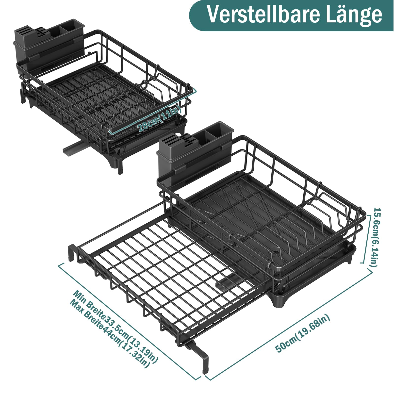 Abtropfgestell, ausziehbar, Geschirrabtropfgestell mit Utensilienhalter, platzsparend, Abtropfgestell, Küche, automatische Entwässerung