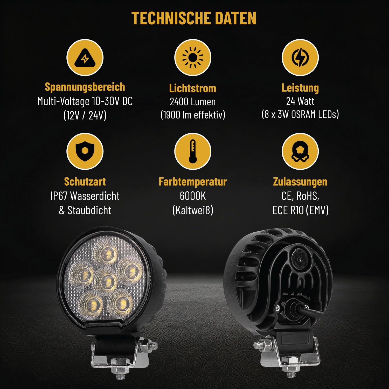 Arbeitsscheinwerfer LED 12V 24V für Traktor LKW Bagger, Rundes LED Arbeitslicht 24W 2400 Lumen Flutlicht, IP68 Wasserdicht, ECE R10, Aluminium Gehäuse, 6000K Kaltweiß