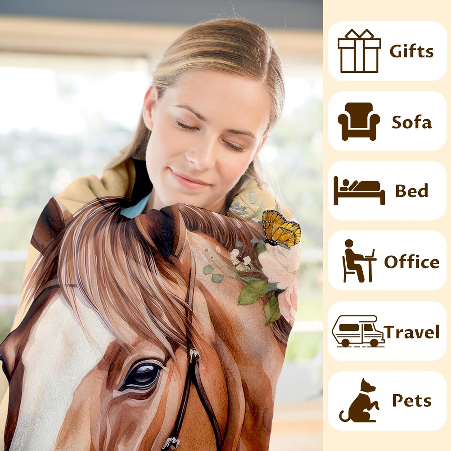 Girls Horse Blanket, Rose Floral Throw Blanket Gift for Women Daughter Mom, 50x60 Inches Lightweight Soft Cozy Throw for Sofa Couch Bed Home Decor