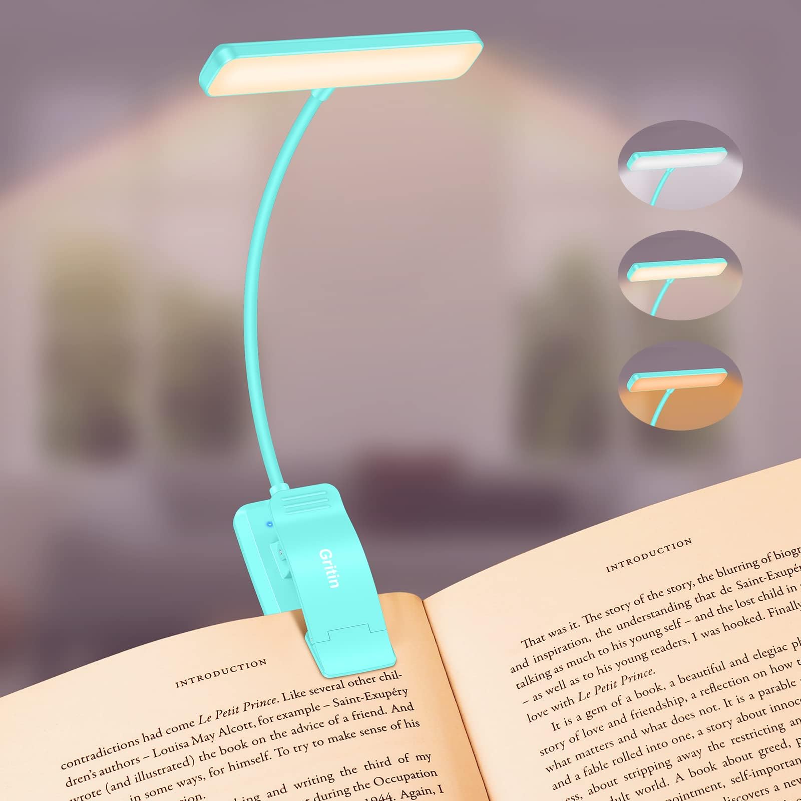 Gritin 19 LED Rechargeable Book Light for Reading in Bed with Memory Function- Eye Caring 3 Color Temperatures,Stepless Dimming Brightness,80 Hrs Runtime Clip On Book Light for Book Lovers-Blue