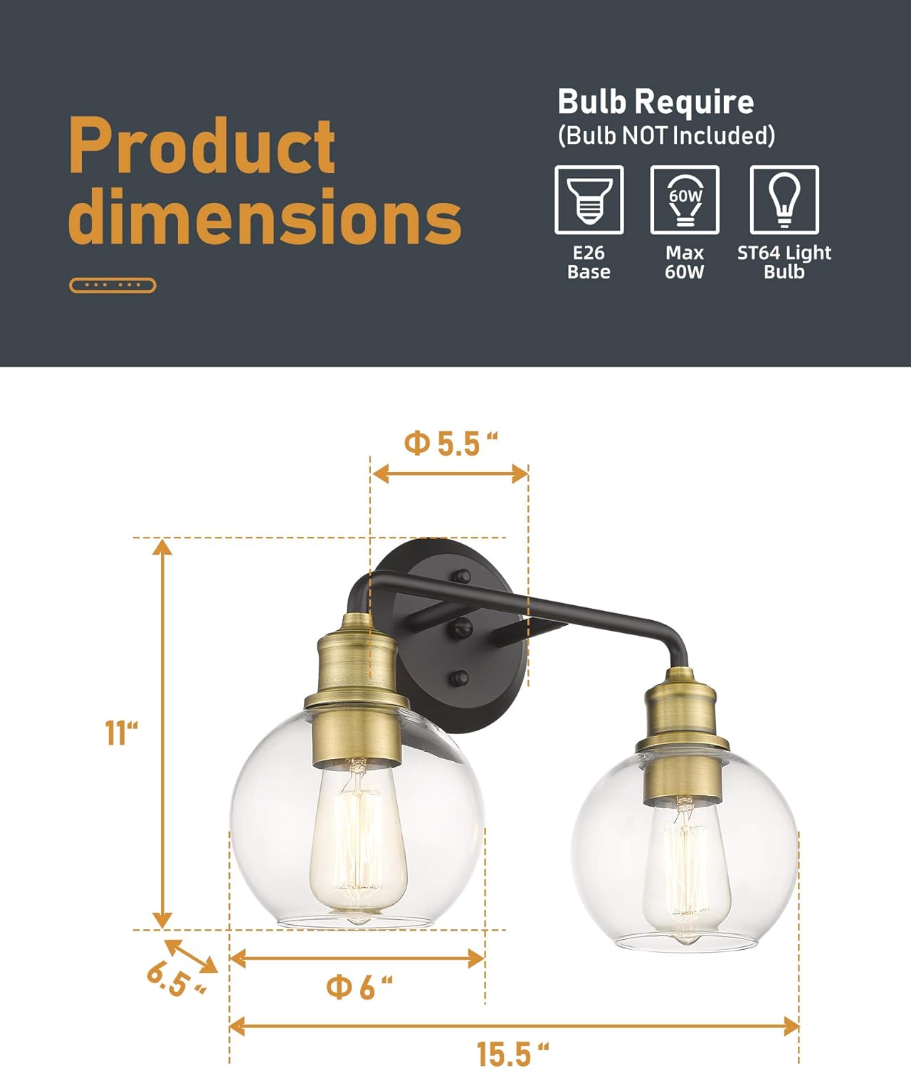 Crazy Deals AKEZON 2-Light Bathroom Vanity Lights, Bathroom Light Fixtures Over Mirror with Clear Glass Shade, Matte Black & Antique Brass Finish, KW-7221-2