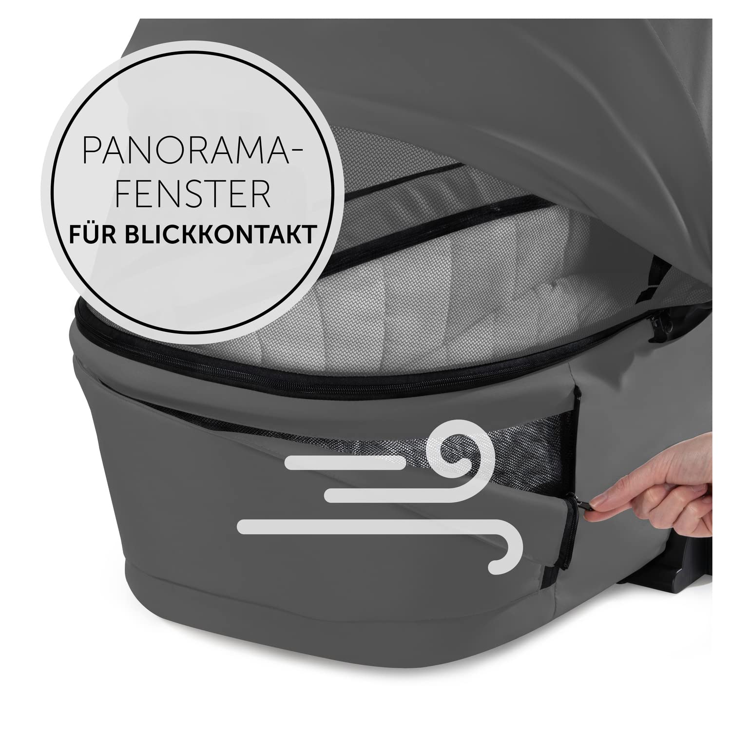 hauck Walk N Care Capazo Bebe Premium, para Recién Nacidos hasta 9 kg, Fácil Fijación al Chasis, Fácil Extracción, Ventana Panorámica XXL, Protección UV50, Plegable con una Mano, Gris Oscuro, 16542