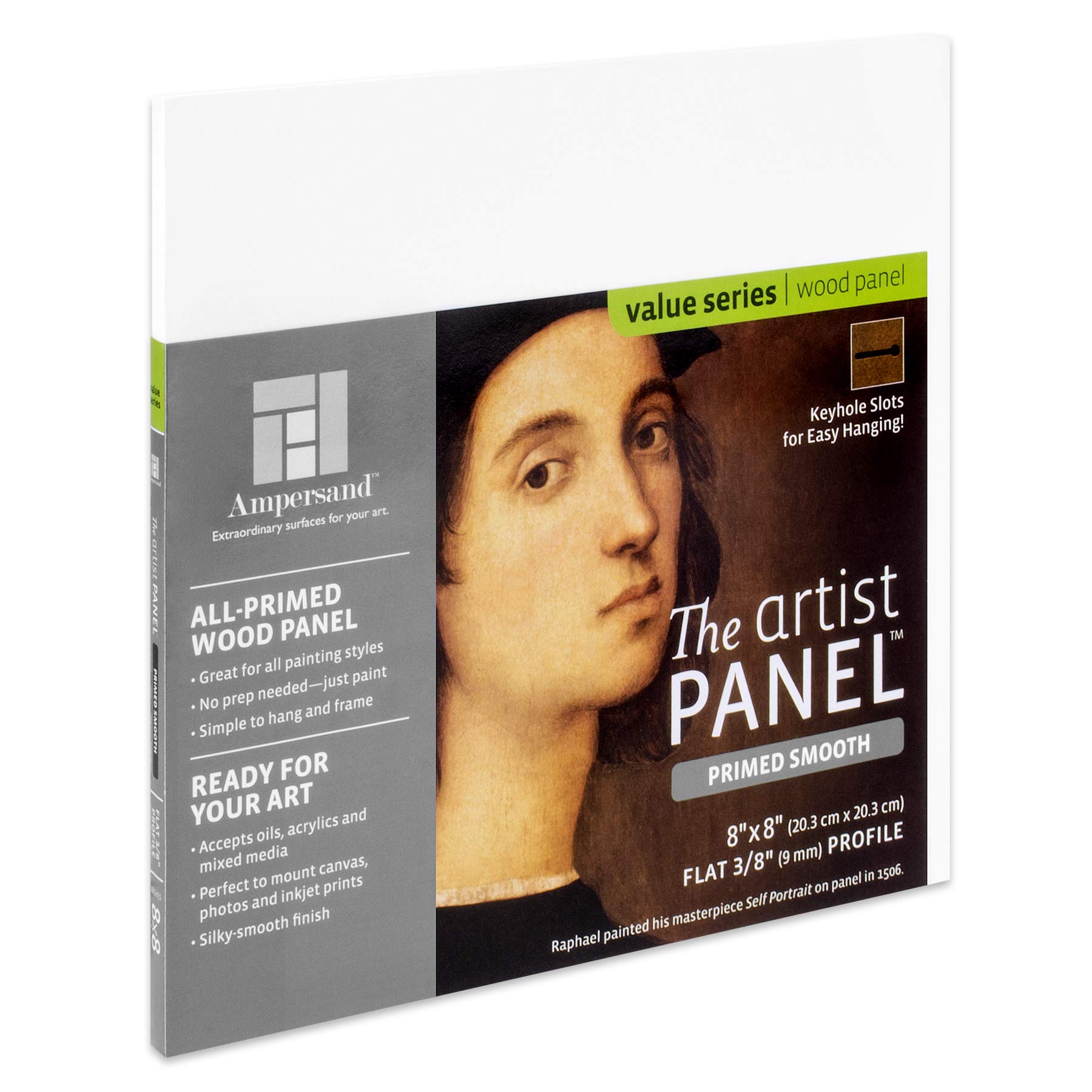 Ampersand Art Supply Wood Gesso Artist Painting Panel: Primed Smooth, 8" x 8", 3/8" Flat Profile