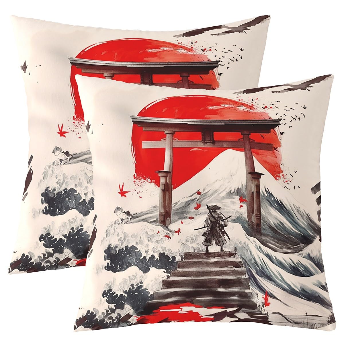 Homemissing Japanese Ukiyoe Cushion Covers Set of 2 40x40cm For Sofa Couch Chair Kids Boys Girls Adults Japanese Style Pillow Covers Japan Samurai Cushion Case Red Sunset Sea Waves Pillow Cases