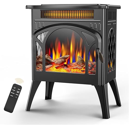 Electric Fireplace Stove, Fast Heating, 1500W X Infrared Fireplace Heater with 8H Timer, Remote Control, Freestanding Stove with Adjustable 3D Flame Overheat Protection, Indoor Fireplace