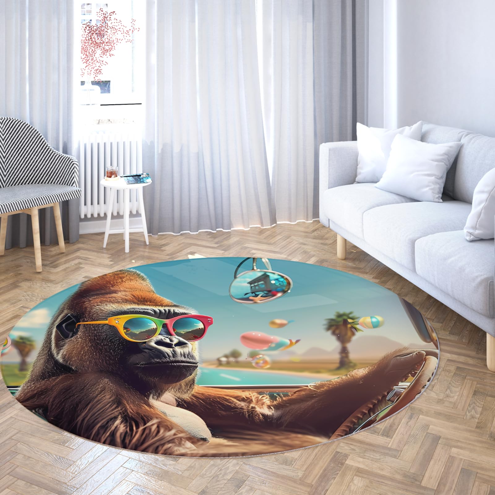 Tapis rond animal gorille drôle tapis lavables poils ras 140cm