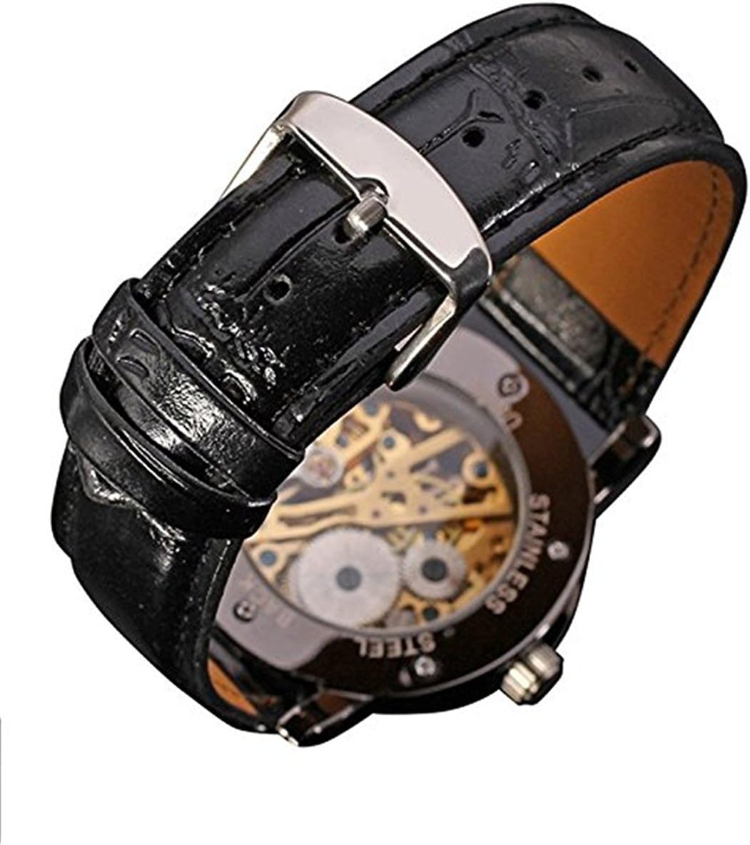 Men's Retro Minimalist Mechanical Wrist Watch Leather Strap Roman Number Transparent Dial Skeleton Watch - Image 5