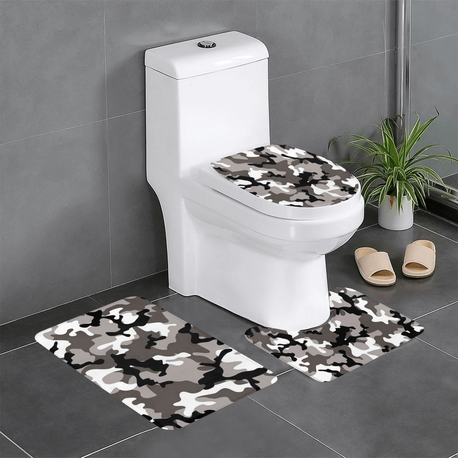 Tapis de bain camouflage absorbant avec contour et couvre-abattant WC 3 pièces antidérapant