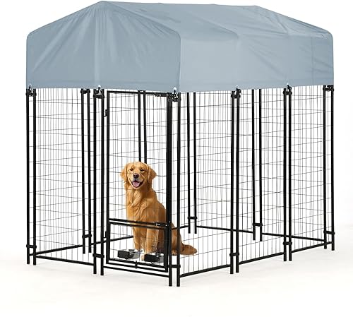 Perrera para perros al aire libre con puerta para perros, alimentador giratorio y techo, 6 x 4 x 6 pies, corrales grandes para perros grandes para