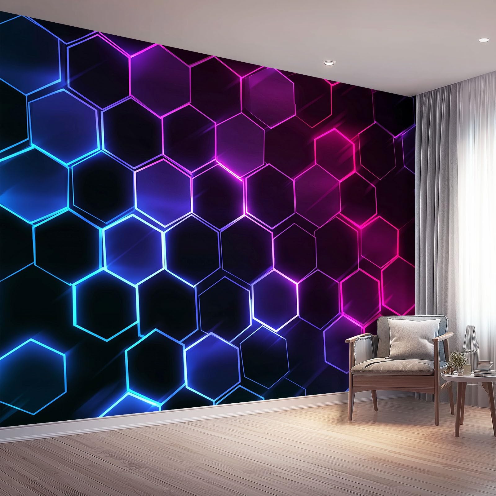 Sci Fi Geometric Wall Mural Wallpaper 400x280 cm (WxH), Neon Honeycomb Lines Non-Woven Photo Wallpaper, Black Purple Large Wall Art Home Covering Decoration for Living Room Bedroom Dining Room