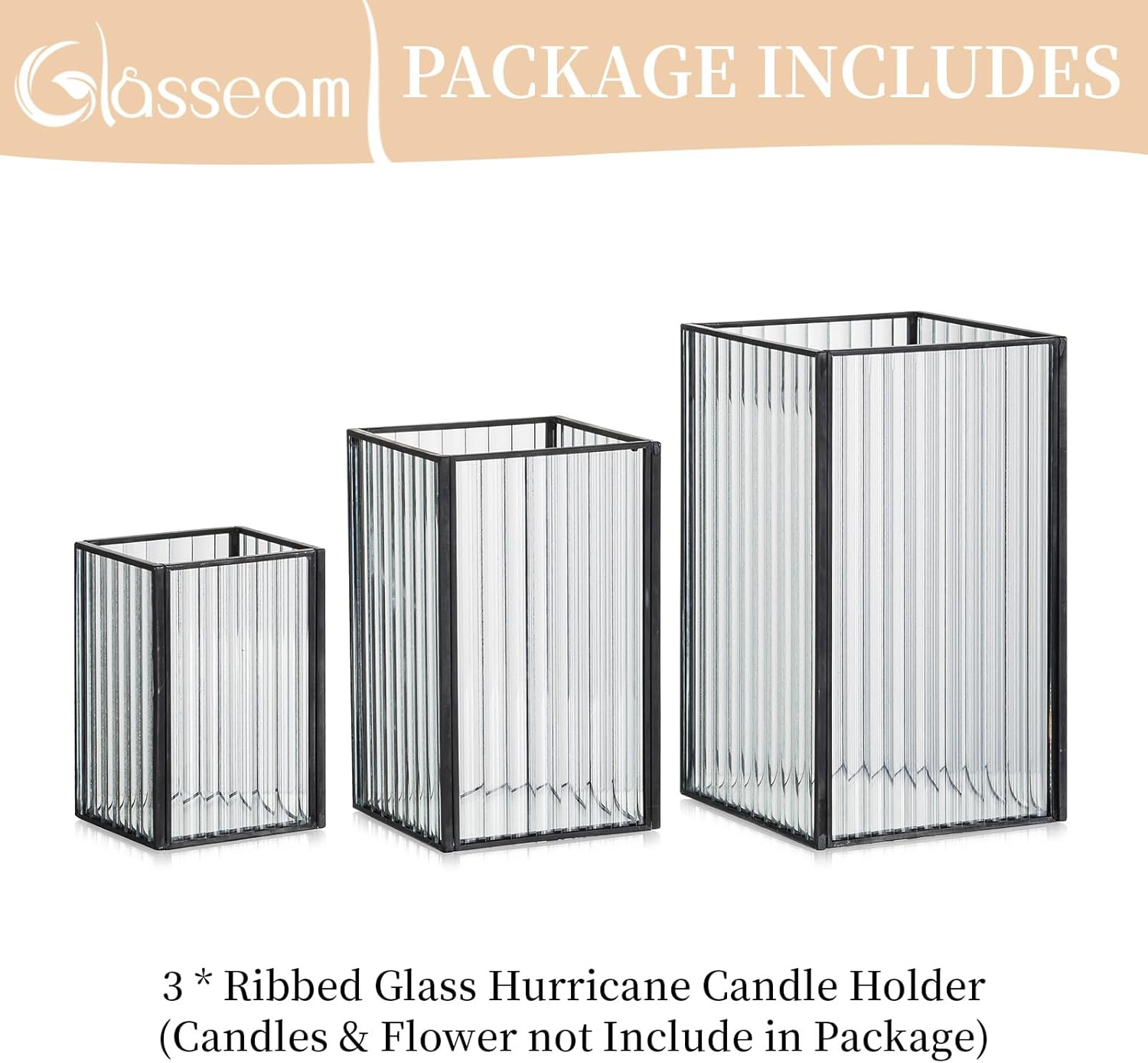 Glasseam Glass Hurricane Candle Holder: Square Black Candle Holders Set of 3 Metal Ribbed Pillar Candle Holder for Table Centerpiece Modern Small Lanterns Decorative Indoor Christmas Halloween Decor