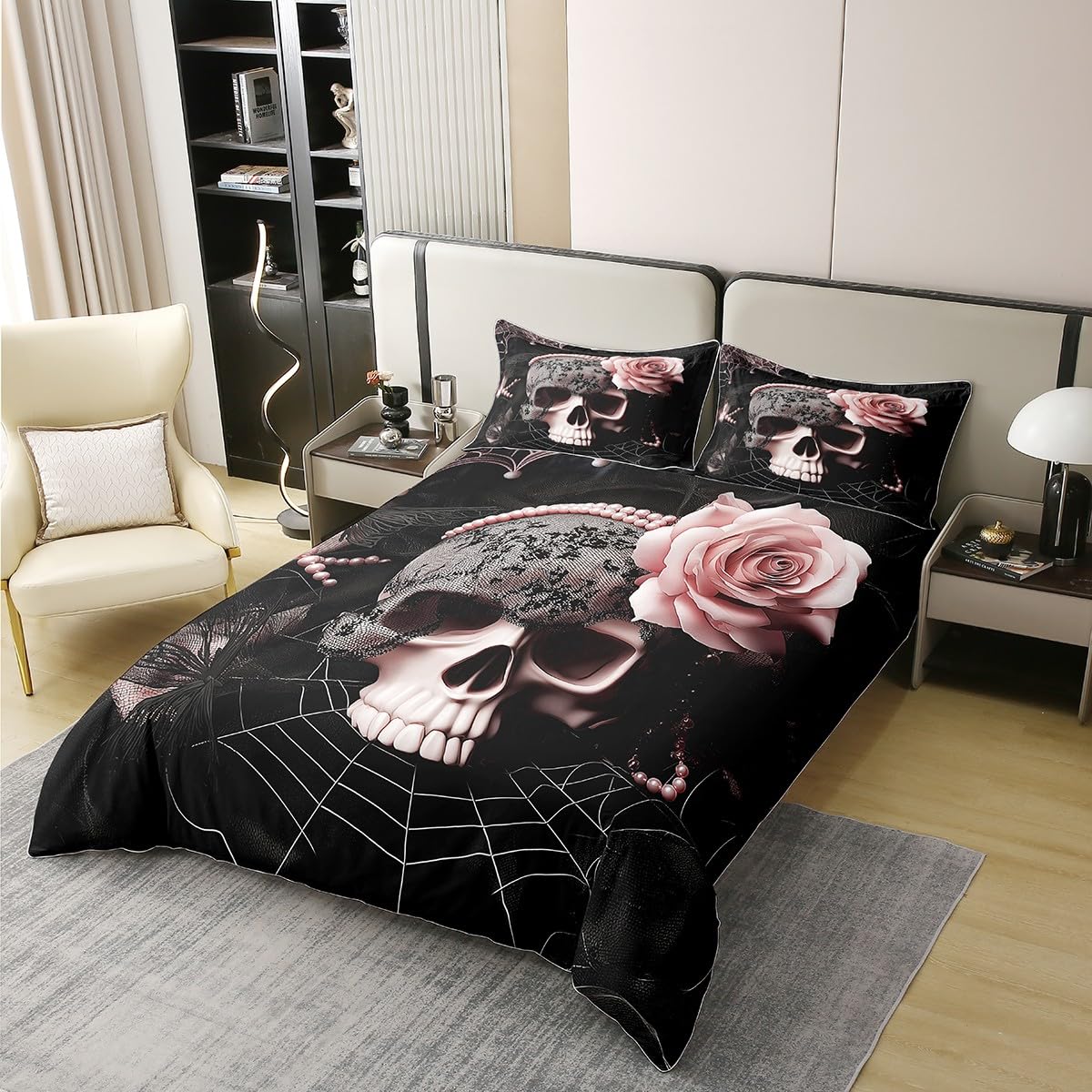 Homewish Skull & Pink Rose King Size zestawy pościeli gotyckie kwiatowe róże bawełna poszewka na kołdrę dla kobiet mężczyzn, czarne gotyckie kwiaty vintage poszewka na kołdrę | Halloween pajęczyna