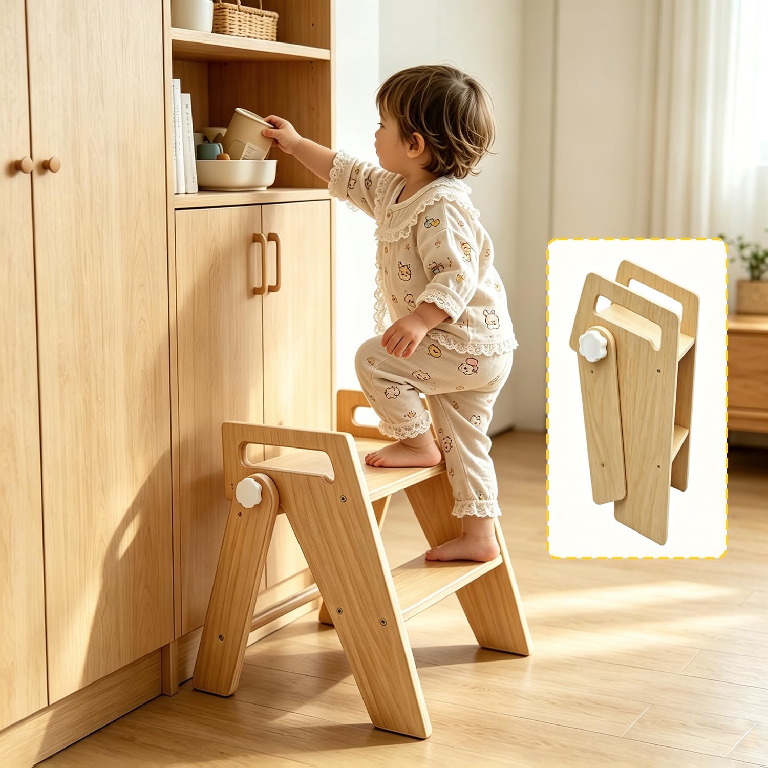 Wooden 2 Step Stool for Kids, Bathroom SinkFoldable Anti-Slip 2-Step for Toilet Potty Training, Child Stepping Stool for Kitchen Nursery Bedroom