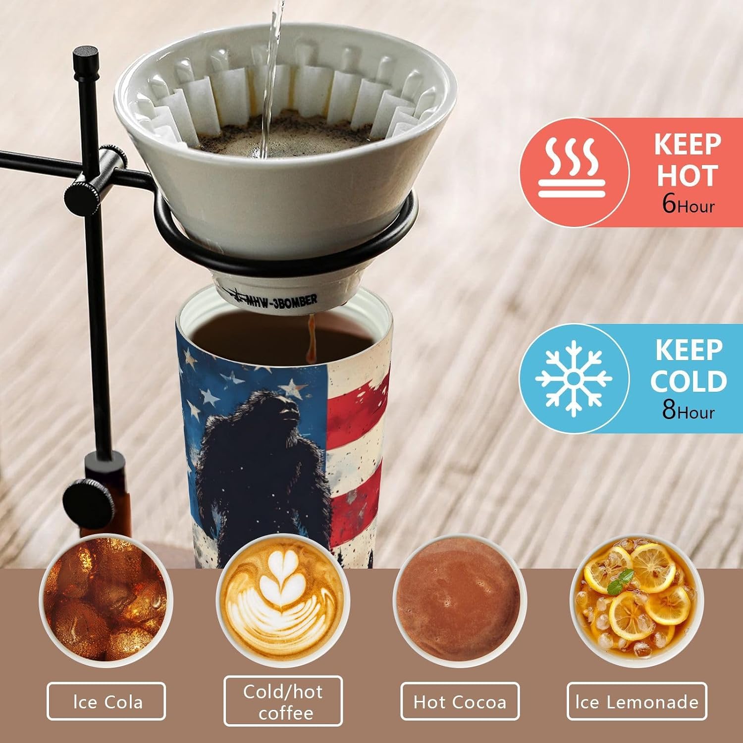 Insulated Coffee Mug Sasquatch Abstract America with Straw & Flip Lid, 16.9oz Iced Tumbler Cup, Double Wall Vacuum Mug for Travel Office Camping