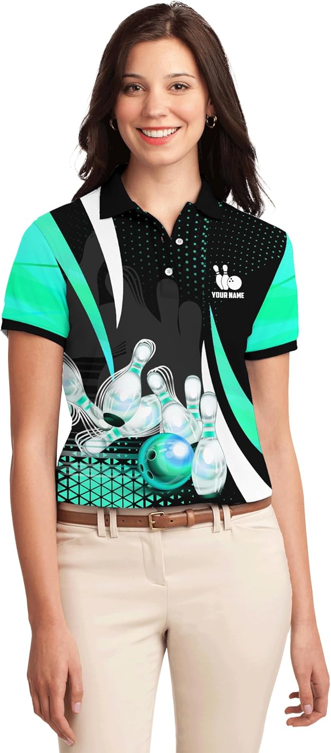 Mens Womens Bowling Lover Polo Shirt Personalized Green Polka Dots Bowling Pin Short Sleeve T-Shirt Bowling Themed Clothes