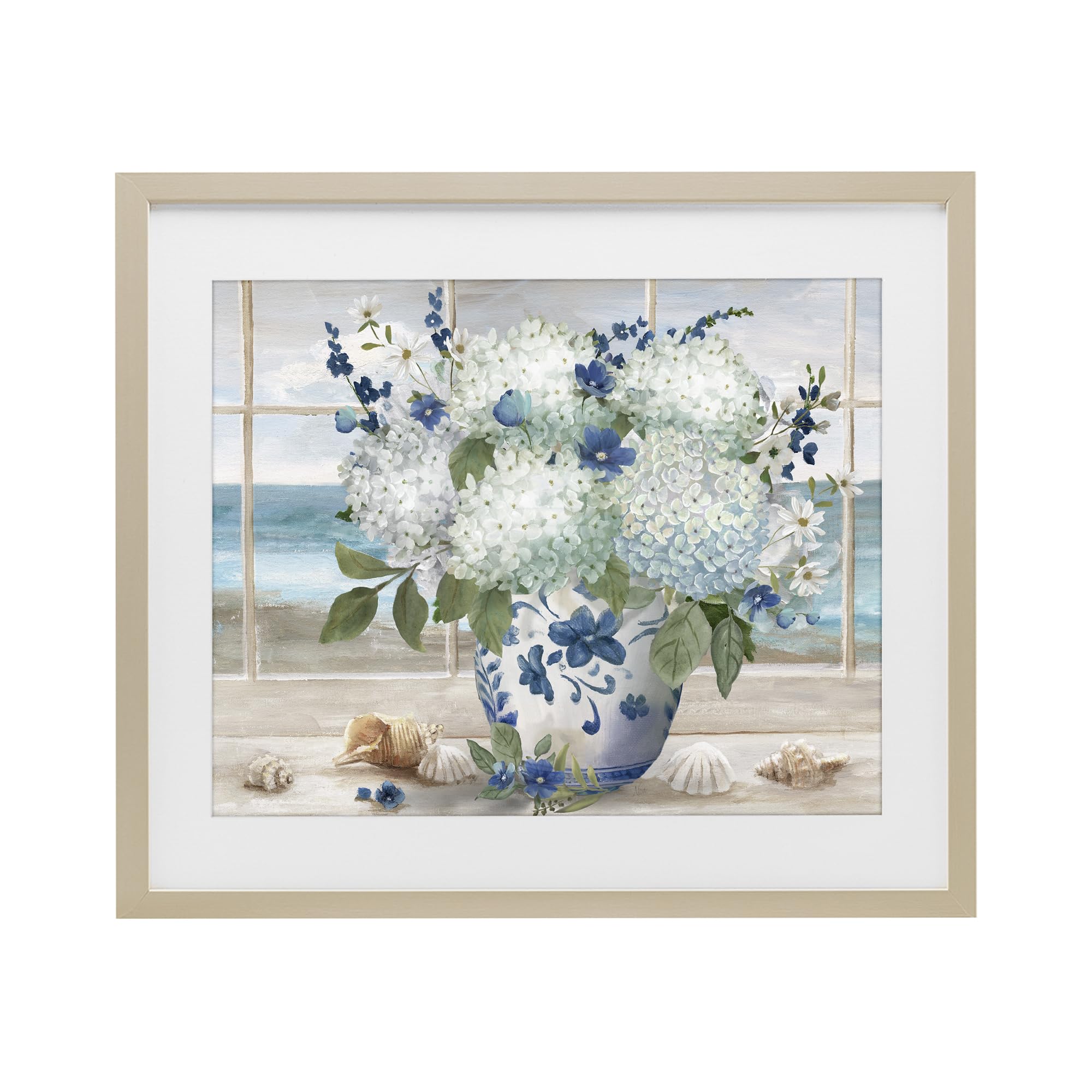 Stupell Industries Harvest Pine (Textured) Seaside Hydrangea Bouquet Window, 17 X 21 Inch Framed Print Under Glass