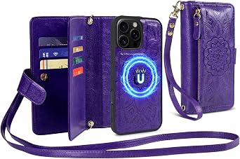Harryshell for iPhone 16 Pro Max 5G Detachable Magnetic Case Wallet,Compatible with Magsafe Wireless Charging, [RFID Blocking] Card Slots, Cash Zipper Pocket Wrist Strap Crossbody Purple