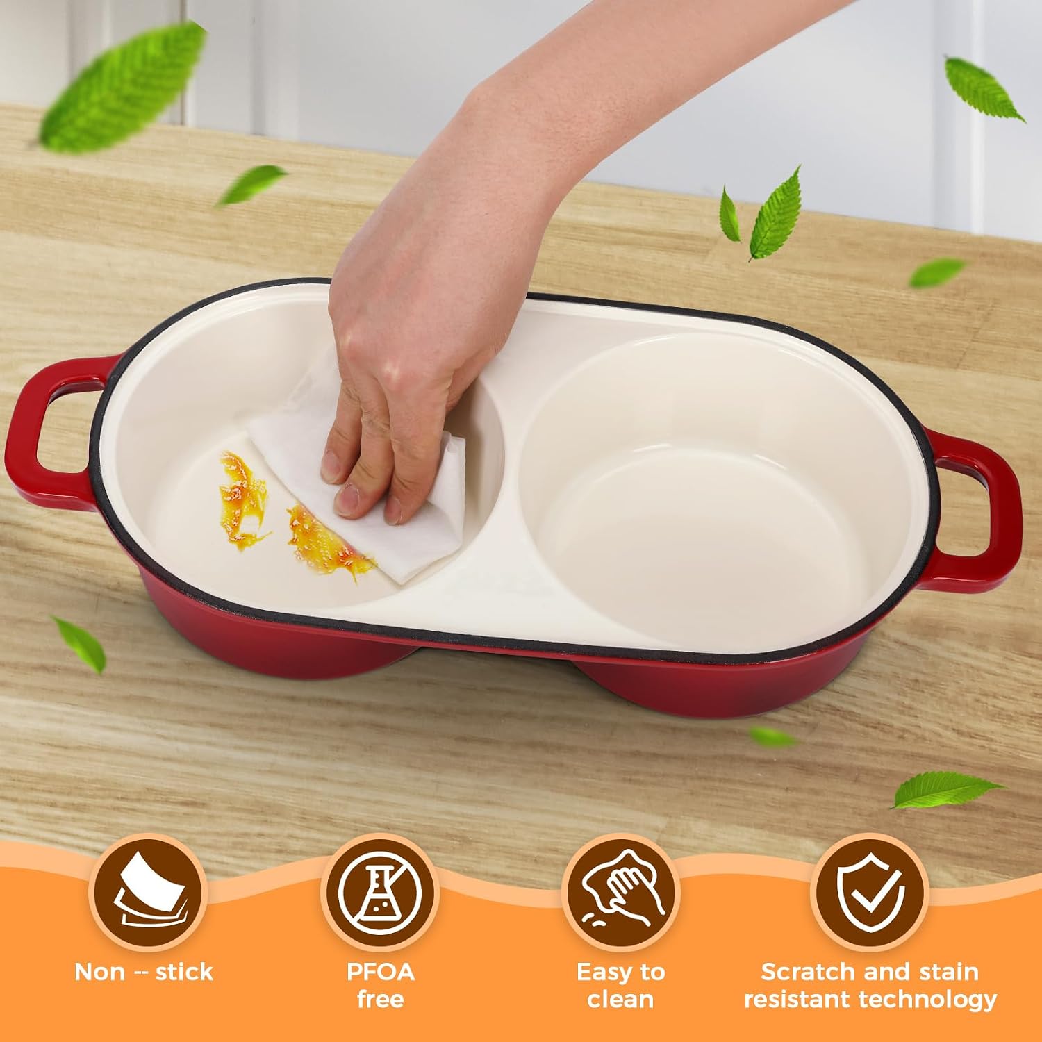 Double Dutch Oven for Sourdough Bread Baking, 2.2QT Enamelled Cast Iron Bread Pan with Lid, Double Round Loaf Space, 16.5cm Diameter, Mini Double Dutch Oven for Homemade Baking (Red)