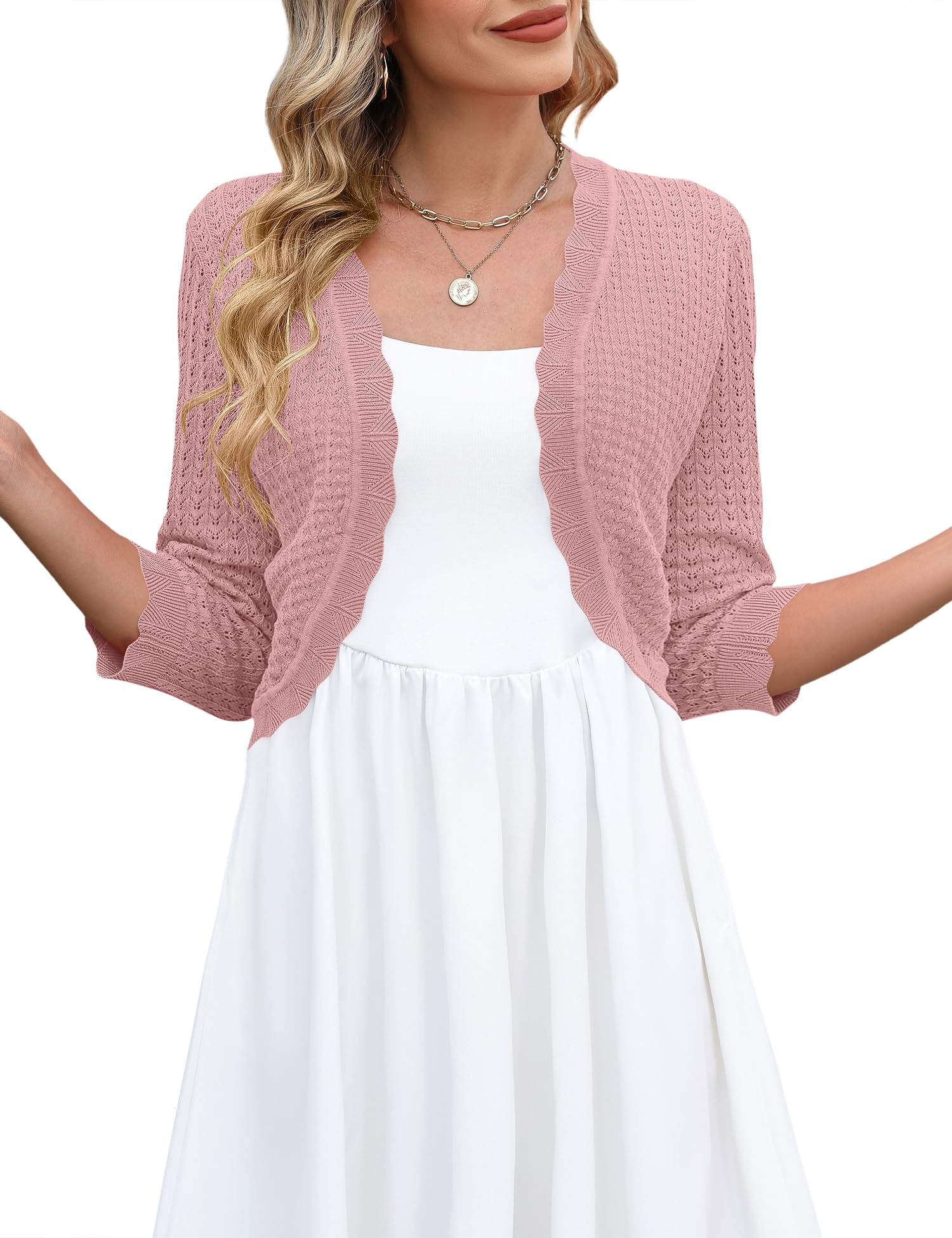 LOMON Womens 3 4 Sleeve Cropped Cardigan Knit Sweaters Trendy Open Front Bolero Shrugs for Dresses S-XXL